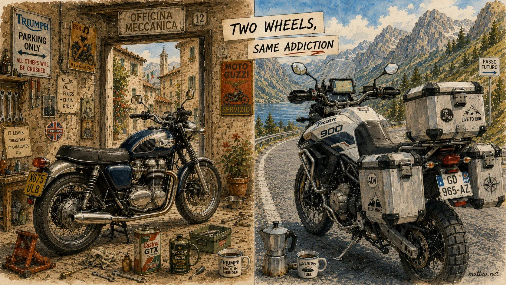 Illustrazione ad acquerello in due pannelli: a sinistra una Triumph Thunderbird Sport in un'officina italiana coi poster Triumph, Moto Guzzi, BSA, oli Castrol e Duckhams; a destra una Triumph Tiger 900 Adventure su una strada di montagna sopra un lago, con bauletti in alluminio, GPS e moka da campeggio. Tagline 'Two wheels, same addiction'
