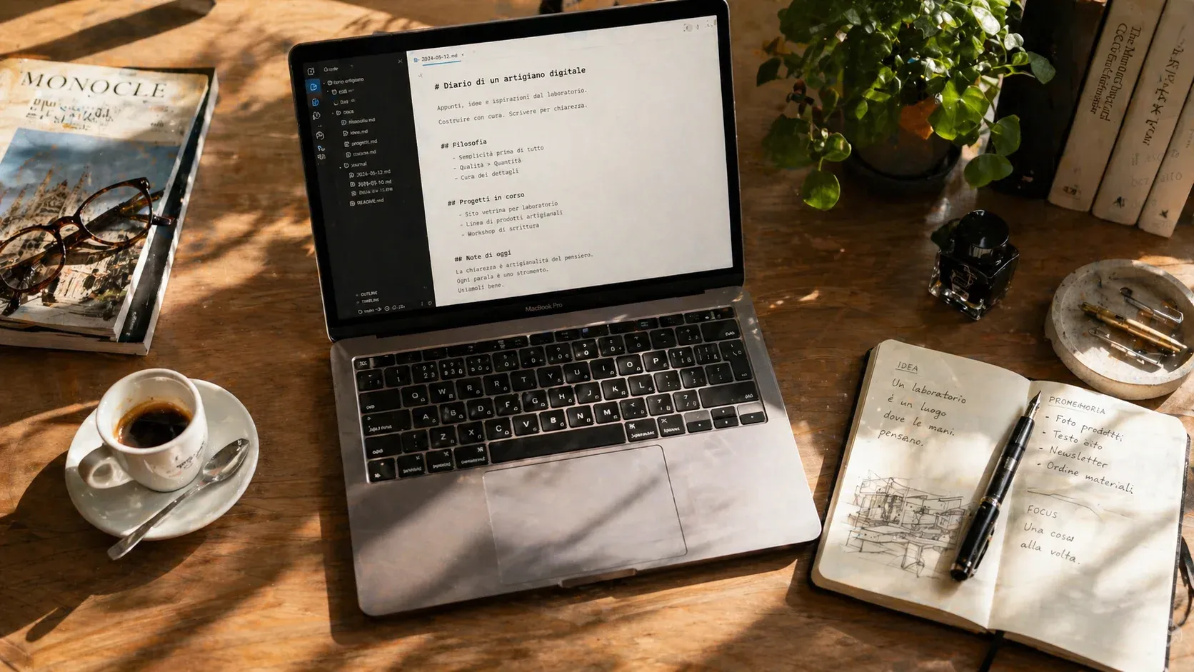 Scrivania in legno con MacBook aperto su un editor di markdown, tazzina di espresso, taccuino con appunti a mano, penna stilografica, una rivista Monocle e una piccola pianta — luce calda di mattina italiana