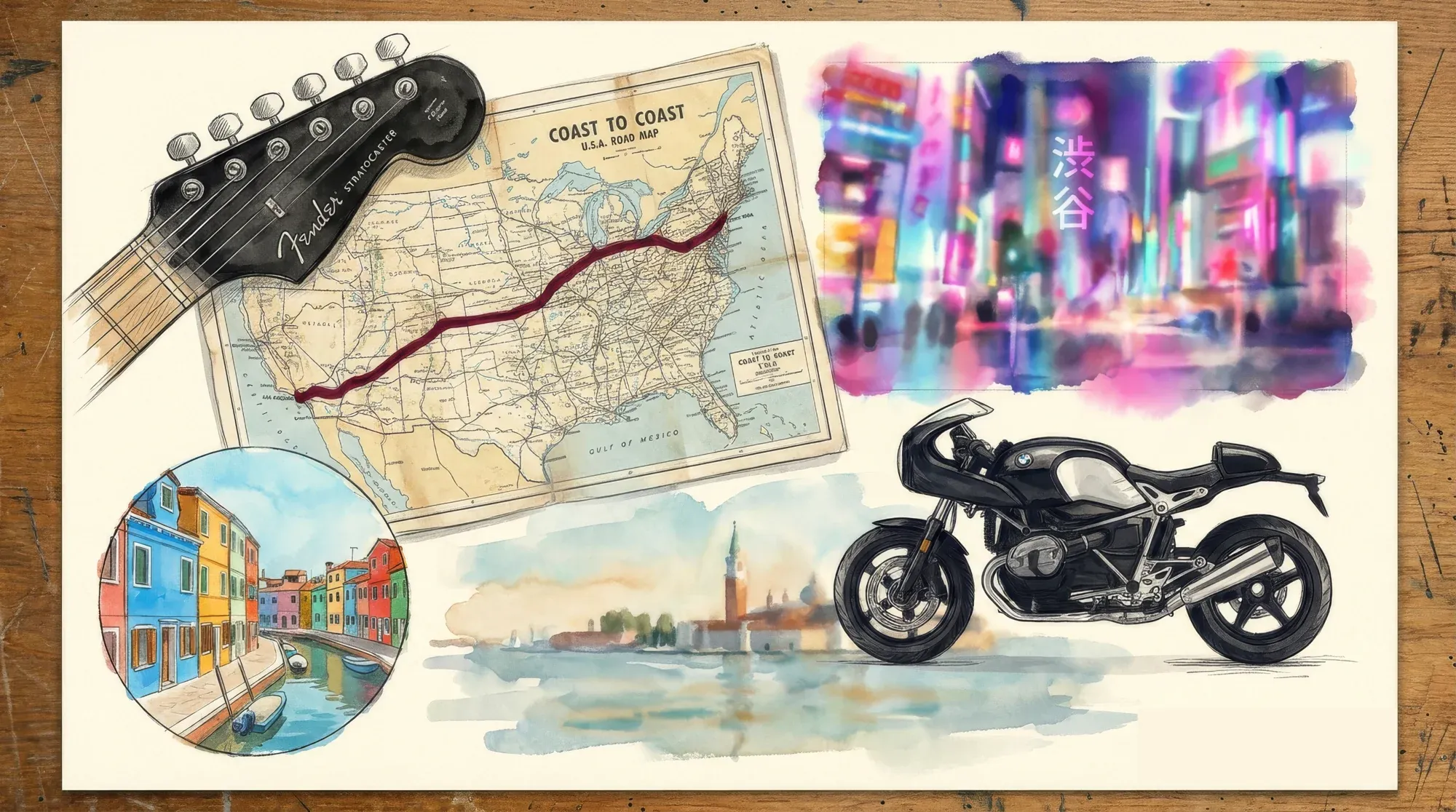 Moodboard editoriale ad acquerello e matita su sfondo di tavolo in legno: paletta della Stratocaster Fender nera in alto a sinistra, mappa Coast to Coast degli Stati Uniti con il tracciato rosso che attraversa orizzontalmente, neon di Shibuya a Tokyo con kanji in alto a destra, BMW R nineT Racer in basso a destra, vignetta circolare con le case colorate di Burano in basso a sinistra, e al centro la veduta della laguna di Venezia con il campanile di San Giorgio Maggiore