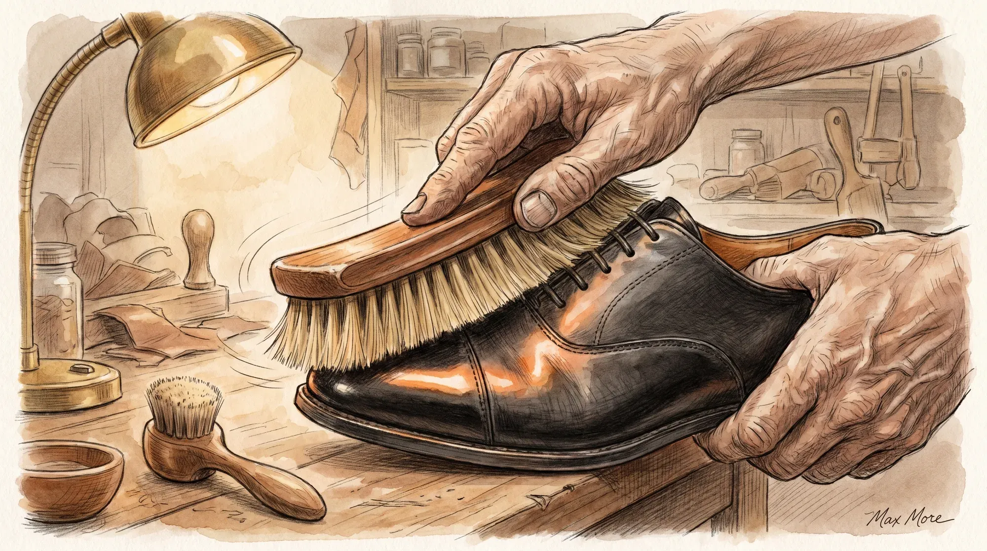 Illustrazione editoriale ad acquerello e matita: close-up di due mani al lavoro su un banco di legno, una stringe una grande spazzola in crine con manico lungo in legno sagomato mentre passa sul fianco di una scarpa Oxford nera in pelle, l'altra ferma la scarpa dal lato del tacco. Sul tavolo vicino, un piccolo spandilucido rotondo dal manico sinuoso e una piccola ciotola in legno. Lampada da officina in ottone in alto a sinistra che illumina la scena con luce focalizzata calda, sullo sfondo la patina sfocata di un piccolo laboratorio artigiano. Palette ambra e cuoio. Firma 'Max More' in corsivo nell'angolo in basso a destra