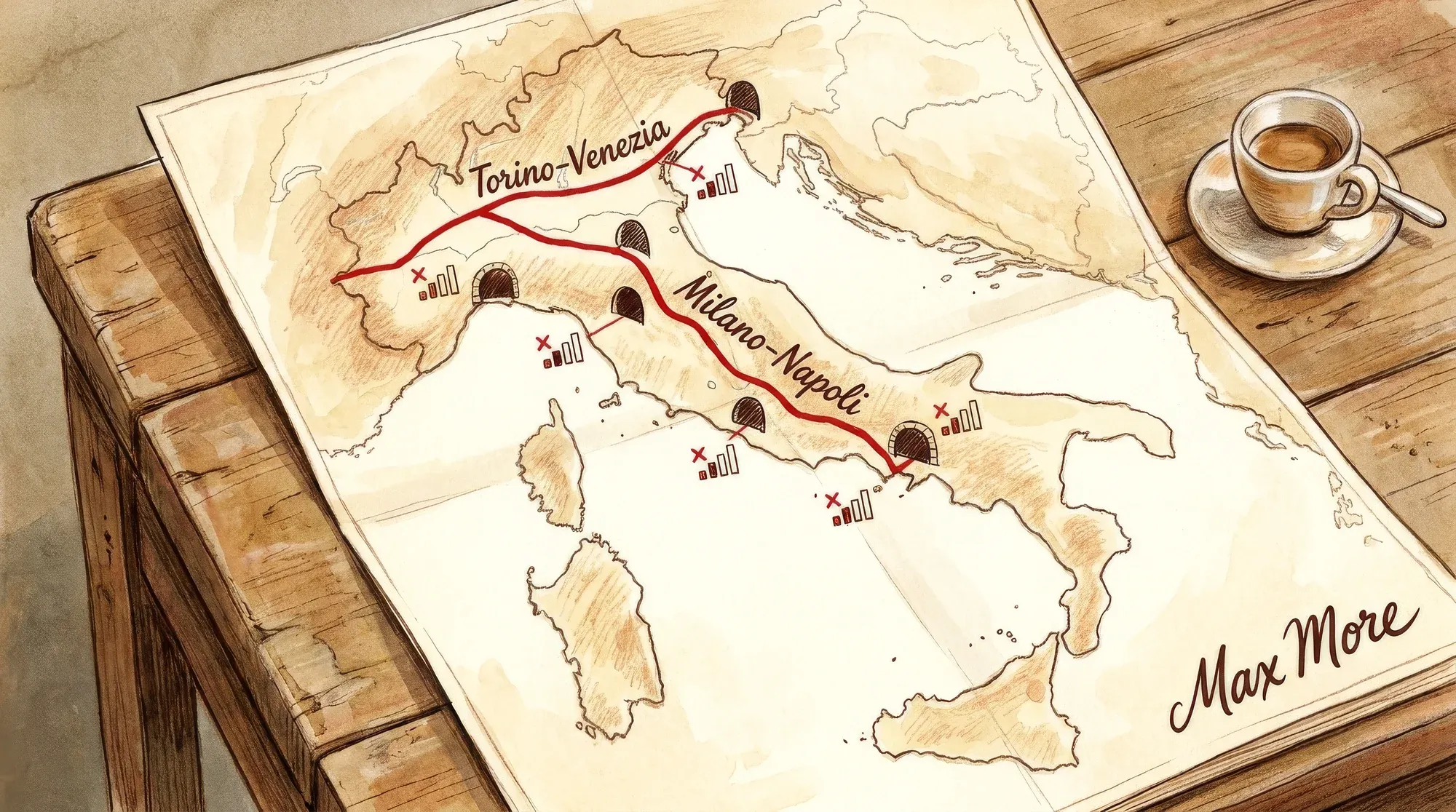 Illustrazione editoriale ad acquerello e matita: una mappa stilizzata dell'Italia posata su un tavolo di legno, con le due direttrici ferroviarie principali tracciate in rosso (Torino-Venezia in orizzontale al nord, Milano-Napoli in verticale lungo la spina dorsale del paese), gallerie disegnate come archi scuri lungo i percorsi, piccole tacche di segnale cellulare con X rosse a indicare l'assenza di copertura, una tazzina di espresso accanto alla mappa, palette warm cream e sepia. Firma 'Max More' in corsivo nell'angolo in basso a destra