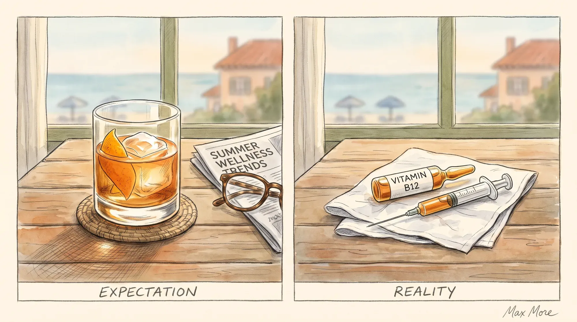 Illustrazione editoriale ad acquerello e matita: natura morta su un tavolo di legno davanti a una finestra affacciata sul mare, con due oggetti accostati come in un confronto ironico. A sinistra un whiskey sour in un tumbler con ghiaccio e scorza d'arancia, a destra su un panno bianco una fiala di vetro e una siringa disposte con la stessa cura con cui si allineano gli attrezzi dietro un bancone. In mezzo un giornale piegato e un paio di occhiali da lettura. Luce estiva di pomeriggio, palette ambra, crema e azzurro. Firma 'Max More' in corsivo nell'angolo in basso a destra
