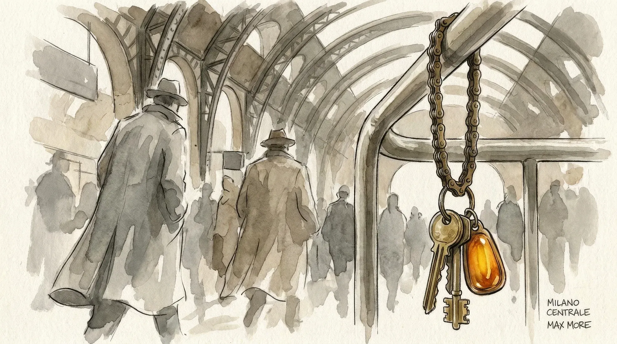 Illustrazione editoriale ad acquerello: l'atrio della Stazione Centrale di Milano con figure anonime di passanti in trench coat e cappello che camminano di spalle sotto le grandi travi metalliche, in primo piano a destra un mazzo di chiavi con portachiavi d'ambra che pende da una catena di bicicletta