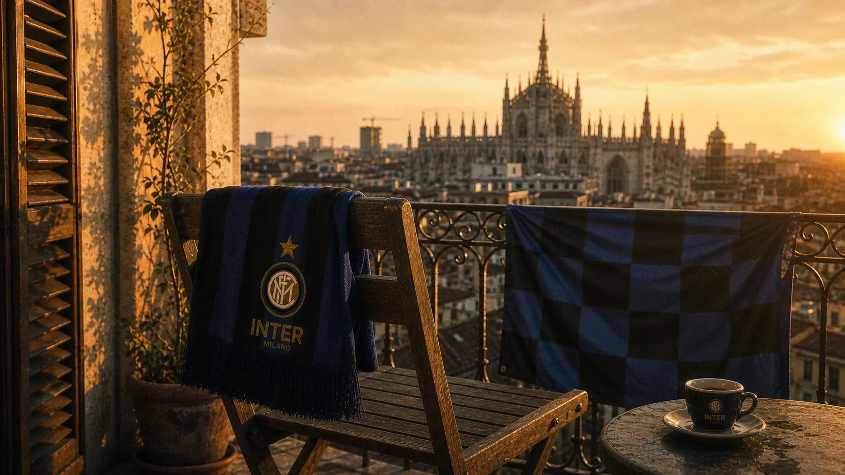 Una sciarpa dell'Inter drappeggiata su una sedia di legno su un balcone milanese, una bandiera a scacchi nerazzurri appesa al parapetto in ferro battuto, una tazzina di espresso col logo Inter sul tavolino, e il Duomo di Milano sullo sfondo al tramonto