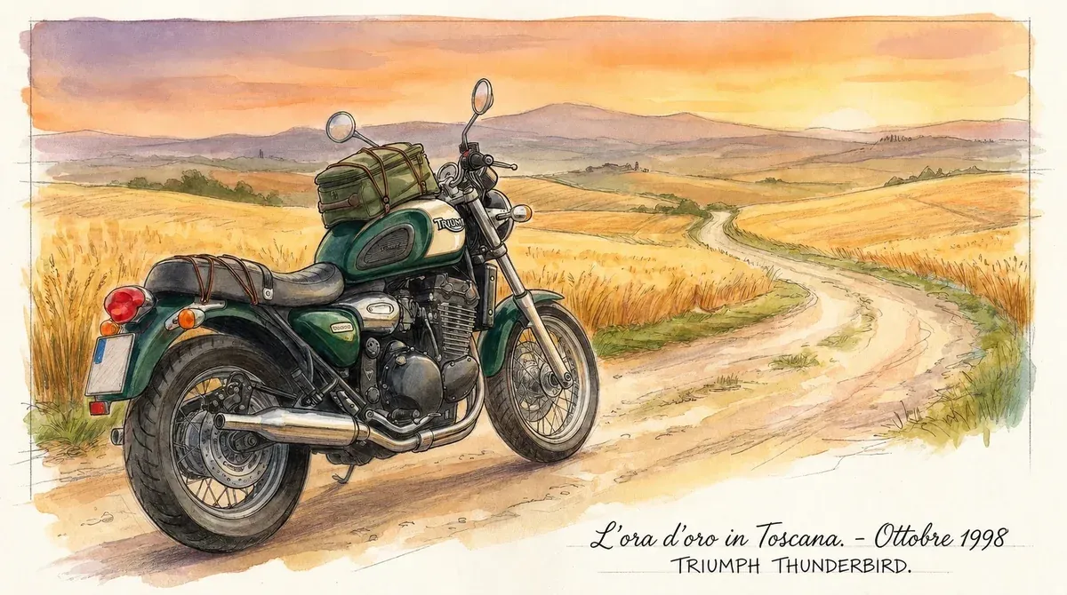 Una Triumph Thunderbird Sport del '97 verde scuro, con borsa da serbatoio legata coi tendini elastici, parcheggiata su una stradina sterrata di campagna toscana al tramonto, fra campi di grano e colline
