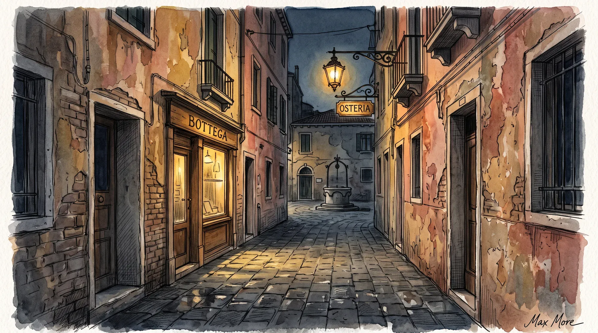Illustrazione editoriale ad acquerello e matita: una calle veneziana deserta di notte, il selciato di masegni scuri che riflette la luce gialla di una vetrina accesa sulla sinistra, alte pareti di intonaco scrostato color ocra e rosa che si alzano ai lati, in fondo l'apertura di un campiello con una vera da pozzo in pietra e l'insegna in ferro battuto di un'osteria che brilla nel buio. Nessuna persona in vista. Palette ambra e ardesia. Firma 'Max More' in corsivo nell'angolo in basso a destra